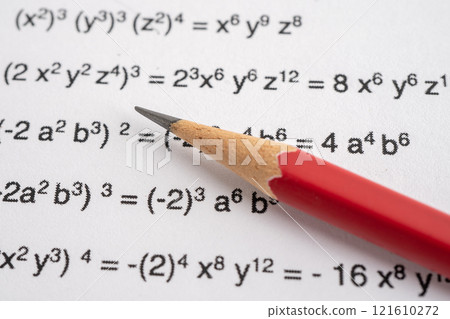 Pencil on mathematic formula exercise test paper in education school. 121610272