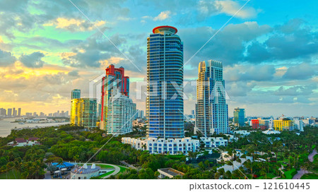 South Pointe Park and South Beach at Miami Beach with its iconic buildings aerial view 121610445