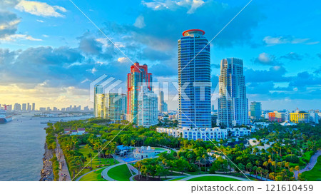 South Pointe Park and South Beach at Miami Beach with its iconic buildings aerial view 121610459