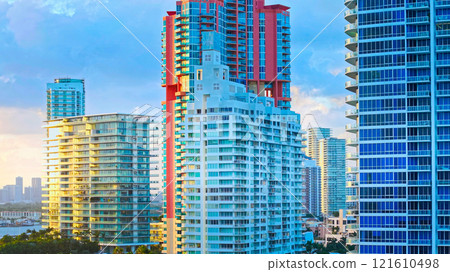 South Pointe Park and South Beach at Miami Beach with its iconic buildings aerial view 121610498