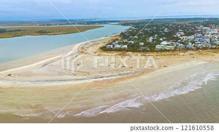 Aerial View of Serene Coastal Landscape with Estuary Aerial View of Serene Coastal Landscape with Estuary 121610558