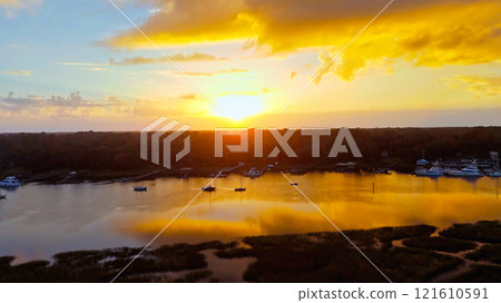 Beautiful sunset view over Isle of Hope at Savannah Georgia - aerial view 121610591