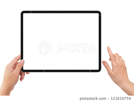 Isolated human left hand holding black tablet computer 121610759