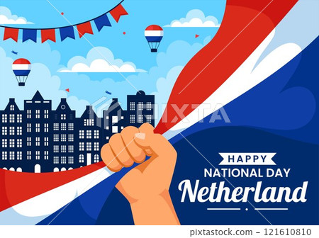 Happy Netherlands National Day Vector Illustration featuring the Netherlands Flag and a Sky Blue Background in a Flat Cartoon Style Design Happy Netherlands National Day Vector Illustration featuring the Netherlands Flag and a Sky Blue Background in a Flat Cartoon Style Design 121610810