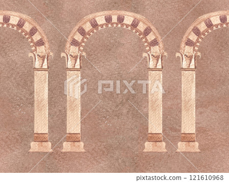 Stone greek ancient classic arch seamless border on mocha background. High quality architecture watercolor illustration for cards, tape, decor and design. Decorative residence image in beige color 121610968