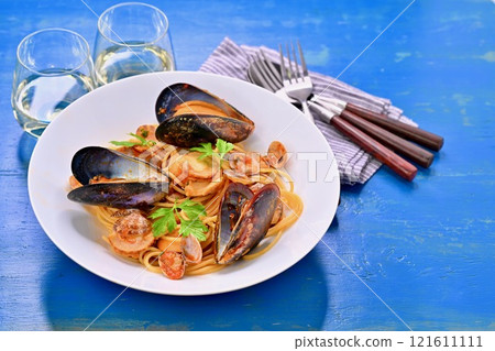 Italian, Pescatore, mussels, clams and scallops in tomato sauce pasta, Pescatore. Italian, Pescatore, mussels, clams and scallops in tomato sauce pasta, Pescatore. 121611111