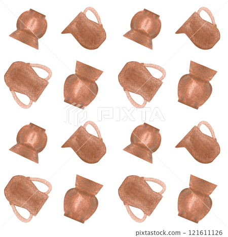 Pots, clay jars, rusty metal antique watercolor illustration set isolated on white background, hand drawn design elements. Perfect for cards, decor, label and logos, souvenir decor. Ancient clip art 121611126