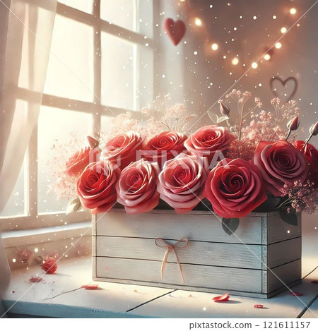 close up of roses in gift box and heart on window sill close up of roses in gift box and heart on window sill 121611157