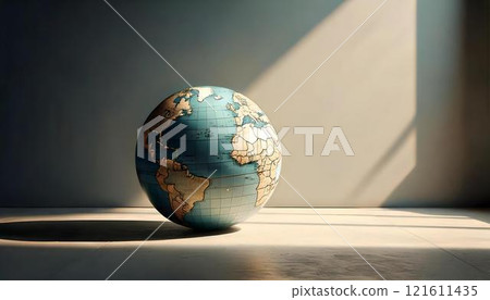A single globe in clear glass in a minimalist setting, with soft shadows against a neutral background. 121611435
