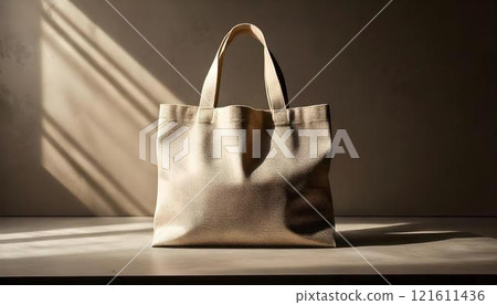 Plain cloth bags in clear glass in a minimalist setting, with soft shadows against a neutral background. 121611436