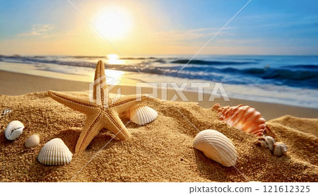 Seashells on the beach lit by the setting sun 121612325