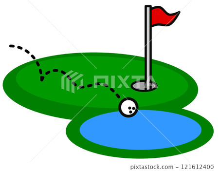 Illustration of a golfer failing and missing the ball on the green 121612400