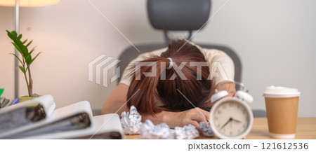 Stressed woman having Tired and Sleepy while working, female businesswoman having headache at office, Exhausted woman with documents folder stack and clock at home late night. Overworked and Overtime 121612536