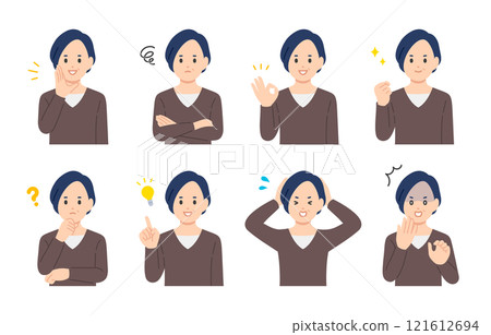一組表情各異、姿勢各異的中年婦女【人物向量圖素材】 121612694