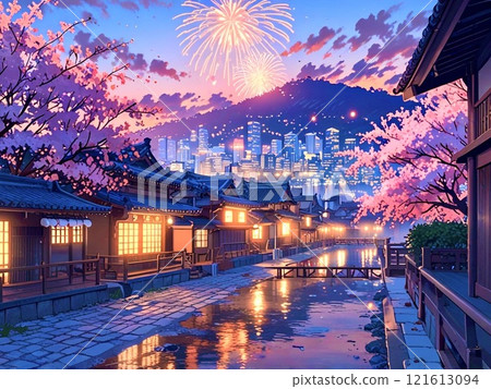 Fireworks and cherry blossoms in bloom at the inn district 121613094