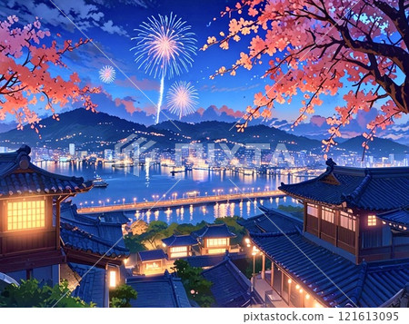 Fireworks and cherry blossoms in a port town-3 121613095