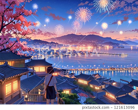 Fireworks and cherry blossoms in a port town-4 121613096