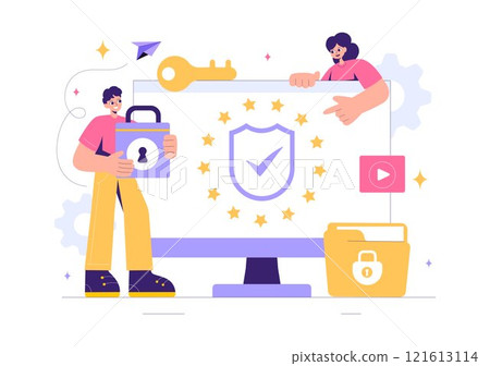 GDPR or General Data Protection Regulation Illustration featuring Cybersecurity, Personal Information Protection, and Access Control Verification 121613114