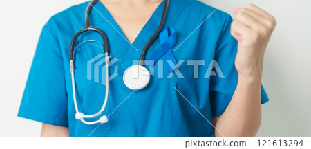March Colorectal Cancer Awareness month, doctor with dark Blue Ribbon for supporting people living and illness. Healthcare, hope and World cancer day concept March Colorectal Cancer Awareness month, doctor with dark Blue Ribbon for supporting people living and illness. Healthcare, hope and World cancer day concept 121613294