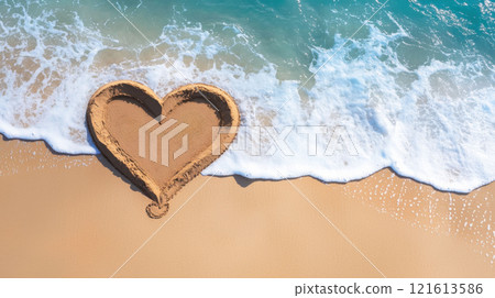Valentine day love concept. Aerial view of beach with heart drawn in sand, waves gently touching edges 121613586