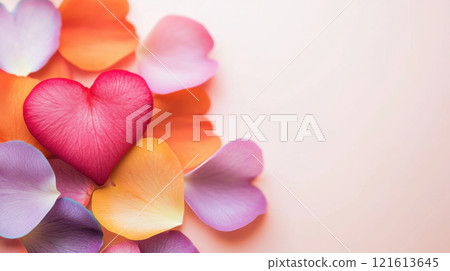 Valentine day love concept. Colorful heart shaped petals with vibrant pink heart in center on soft background 121613645