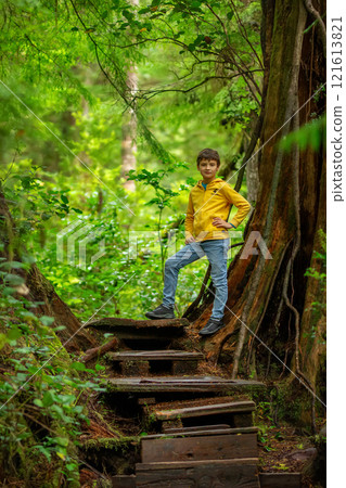 Teen boy is hiking on boardwalk trail in a rainforest in autumn. Teen boy is hiking on boardwalk trail in a rainforest in autumn. 121613821