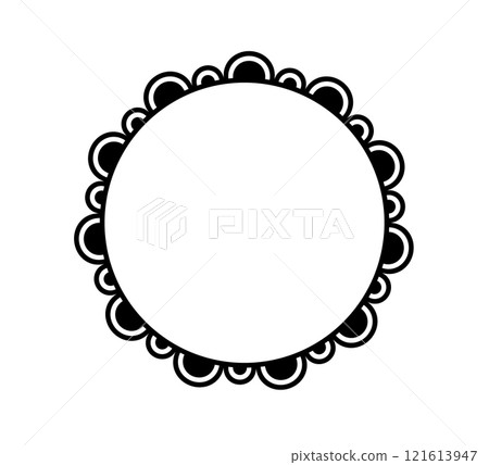 Scalloped edge circle frame. Simple round scalloped border. Fabric lace pattern frame. Repeat cute vintage frill ornament. Texture ribbon. Vector illustration isolated on white background. 121613947