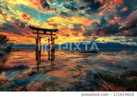 A fantastic evening view of the floating torii gates of Itsukushima Shrine 121614028