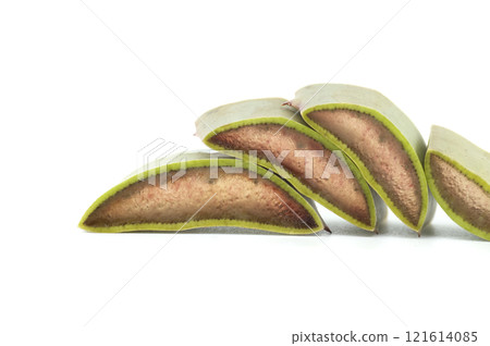 Close-Up of Fresh Aloe Vera Slices on White Background 121614085