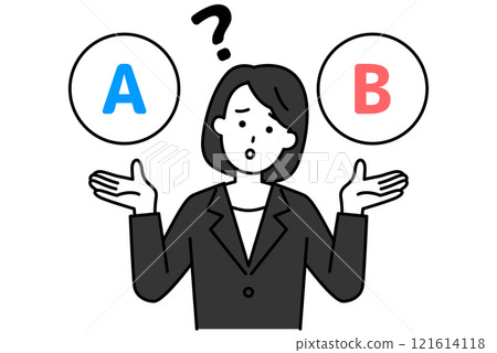 A woman in a black suit wondering between options A and B A woman in a black suit wondering between options A and B 121614118