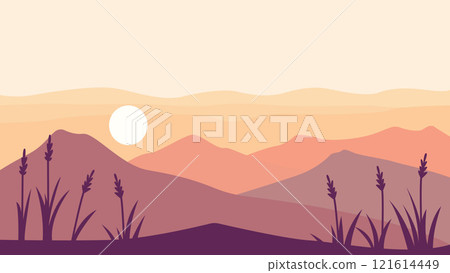 Flat Design Illustration of Mountain Hill Nature Landscape with Plant and Sun in the Morning Flat Design Illustration of Mountain Hill Nature Landscape with Plant and Sun in the Morning 121614449