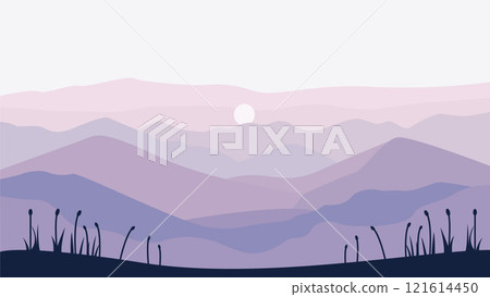 Flat Design Illustration of Mountain Hill Nature Landscape with Plant and Sun in the Morning 121614450