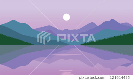 Flat Design Illustration of Mountain Lake Nature Landscape with and Sun in the Morning Flat Design Illustration of Mountain Lake Nature Landscape with and Sun in the Morning 121614455