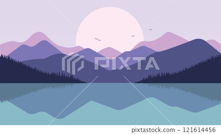 Flat Design Illustration of Mountain Lake Nature Landscape with and Sun in the Morning Flat Design Illustration of Mountain Lake Nature Landscape with and Sun in the Morning 121614456