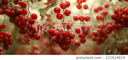 Lot red berries hanging from tree branch, flavonoids C vitamin polyphenols antioxidant 121614619