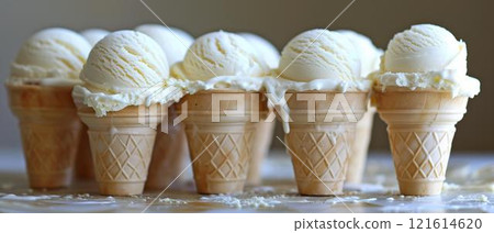 Six ice cream cones with melting vanilla ice cream on white surface, pleasure guilty childhood nostalgia food comfort 121614620