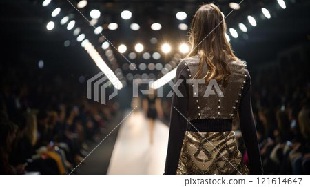 Fashion model walking on runway fashion show, look turn makeup hair Fashion model walking on runway fashion show, look turn makeup hair 121614647