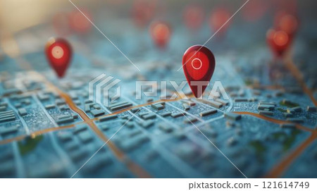 Red glowing pushpin on background grey city map symbolizing delivery service to indicated place, transportation logistics distance 121614749