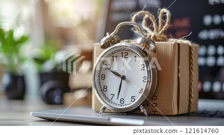 Still life urgency expedited delivery with clock ticking next to package, shipping express logistics overnight 121614760