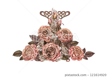 Large bouquet of roses with pink-brown colors, in a fashionable mocha-mousse palette. Botanical template for wedding, Valentine's Day, poster, card, women's card, postcard, textile 121614920