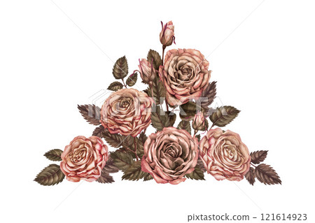 Large bouquet of roses with pink-brown colors, in a fashionable mocha-mousse palette. Botanical template for wedding, Valentine's Day, poster, card, women's card, postcard, textile 121614923