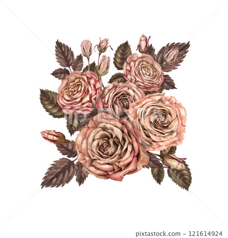 Large bouquet of roses with pink-brown colors, in a fashionable mocha-mousse palette. Botanical template for wedding, Valentine's Day, poster, card, women's card, postcard, textile Large bouquet of roses with pink-brown colors, in a fashionable mocha-mousse palette. Botanical template for wedding, Valentine's Day, poster, card, women's card, postcard, textile 121614924