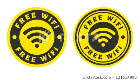 Free Wifi access signal icon wireless symbol connection circle stamp. Web network connect logo sign. Vector illustration image. Isolated on white background. Free Wifi access signal icon wireless symbol connection circle stamp. Web network connect logo sign. Vector illustration image. Isolated on white background. 121614990