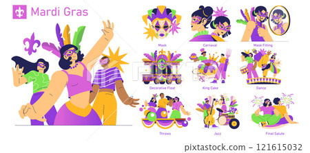 A vibrant and colorful Mardi Grasthemed illustration featuring stunning costumes, ornate masks, and lively festivities A vibrant and colorful Mardi Grasthemed illustration featuring stunning costumes, ornate masks, and lively festivities 121615032