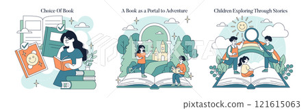 World Book Day set. Celebrating books and their power to inspire, educate, and spark imagination. Choosing books, exploring adventures, and discovering stories through reading. Vector illustration. 121615063