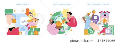 Banking set. Loan issuance, currency exchange, and small business lending services. Financial transactions, economic support for individuals and businesses, and currency handling. Vector illustration. Banking set. Loan issuance, currency exchange, and small business lending services. Financial transactions, economic support for individuals and businesses, and currency handling. Vector illustration. 121615066