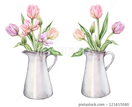 Pastel multi-colored bud bouquet Tulips in metal can watercolor illustration isolated on background. Hand drawn delicate perennial bulbous pink yellow purple flower for spring wedding design or card. Pastel multi-colored bud bouquet Tulips in metal can watercolor illustration isolated on background. Hand drawn delicate perennial bulbous pink yellow purple flower for spring wedding design or card. 121615080