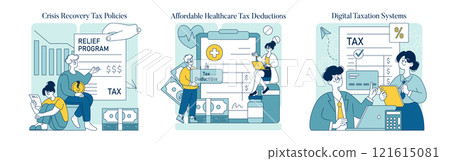 Tax relief concept set. Citizens benefiting from policies, healthcare deductions, and digital systems. Programs assisting in financial crises recovery. Vector illustration. 121615081