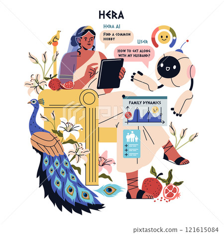 Olympic Gods Synergy AI concept. Modern twist on Hera with technology, addressing family matters. Greek mythology meets artificial intelligence. Vector illustration. 121615084