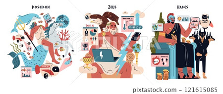 Olympic Gods and AI set. Poseidon, Zeus, and Hades reimagined with modern technology and AI. Mythology meets digital era in a whimsical blend. Vector illustration. Olympic Gods and AI set. Poseidon, Zeus, and Hades reimagined with modern technology and AI. Mythology meets digital era in a whimsical blend. Vector illustration. 121615085
